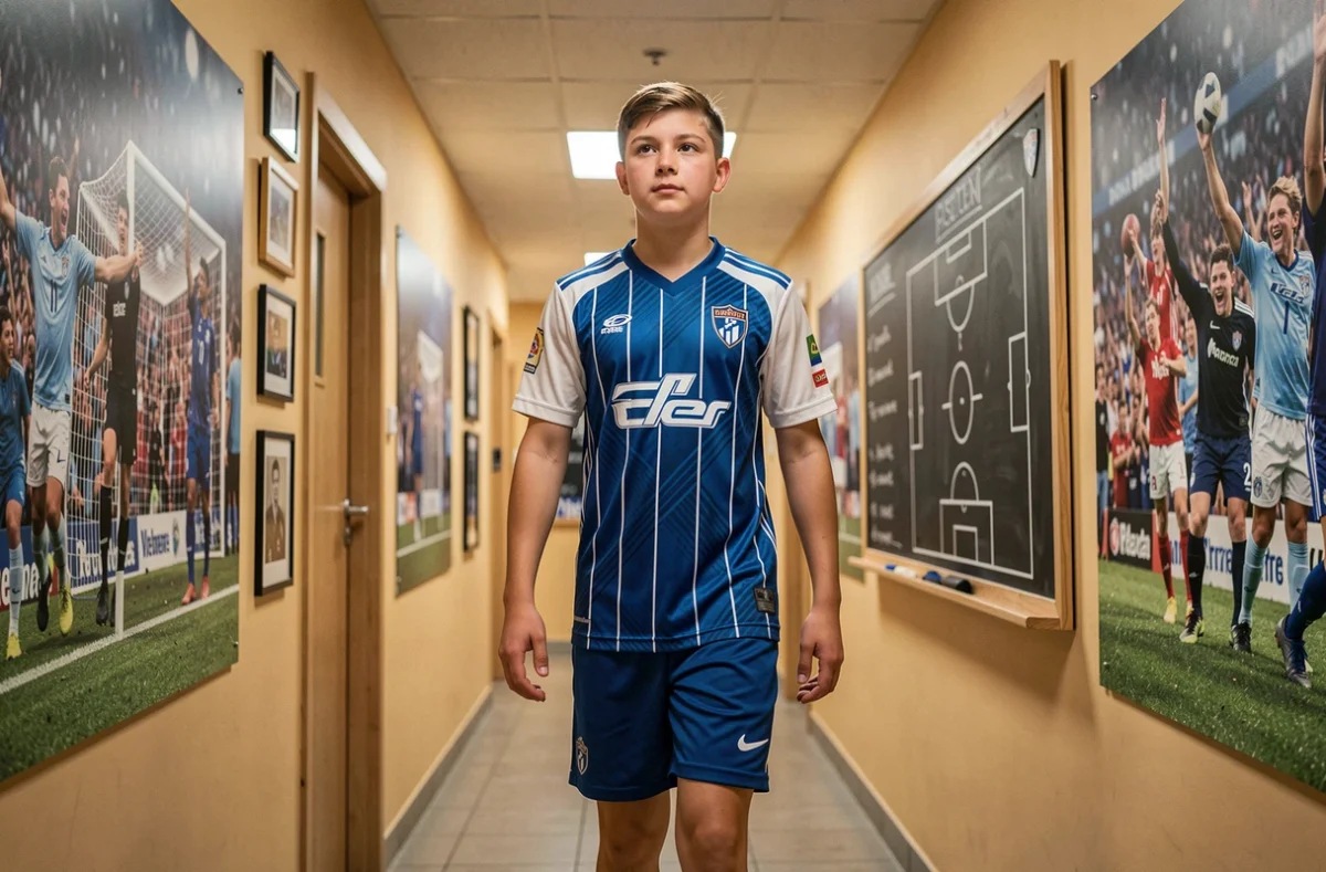 Adolescent en tenue de football marchant dans un couloir décoré de photos de match et de tableaux tactiques évoquant l'entrée sur un terrain