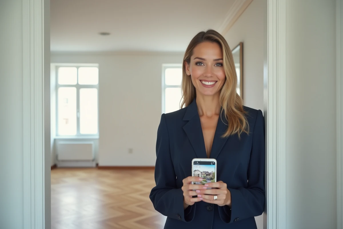 Agent immobilier utilisant l'application mobile Lamaison360 lors d'une visite d'appartement