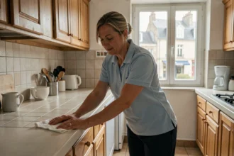 Aide ménagère en uniforme nettoyant un plan de travail dans un appartement du Nord de la France