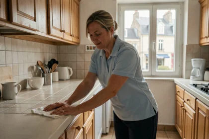 Aide ménagère en uniforme nettoyant un plan de travail dans un appartement du Nord de la France