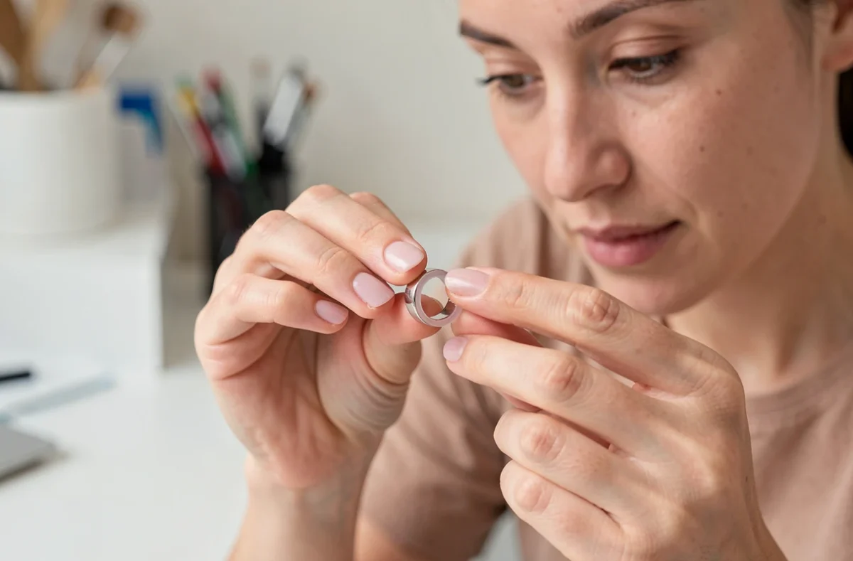 Femme tenant une bague en argent et un ajusteur de bague en silicone transparent pour corriger une bague trop grande