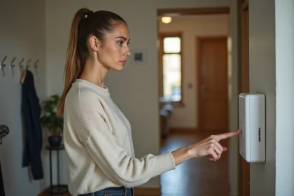 Femme appuyant sur le clavier d'un système d'alarme Verisure à l'entrée de son appartement