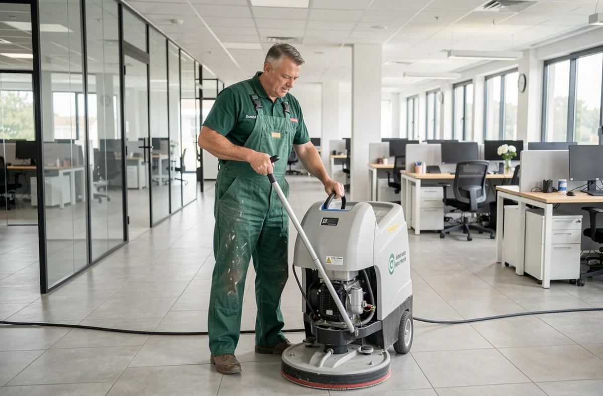 Agent de nettoyage d'Alternative Gestion Propreté utilisant une machine à laver les sols dans un bureau moderne