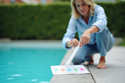 Femme analysant une bandelette de test de chlore piscine en la comparant à un tableau de dosage posé sur le bord du bassin