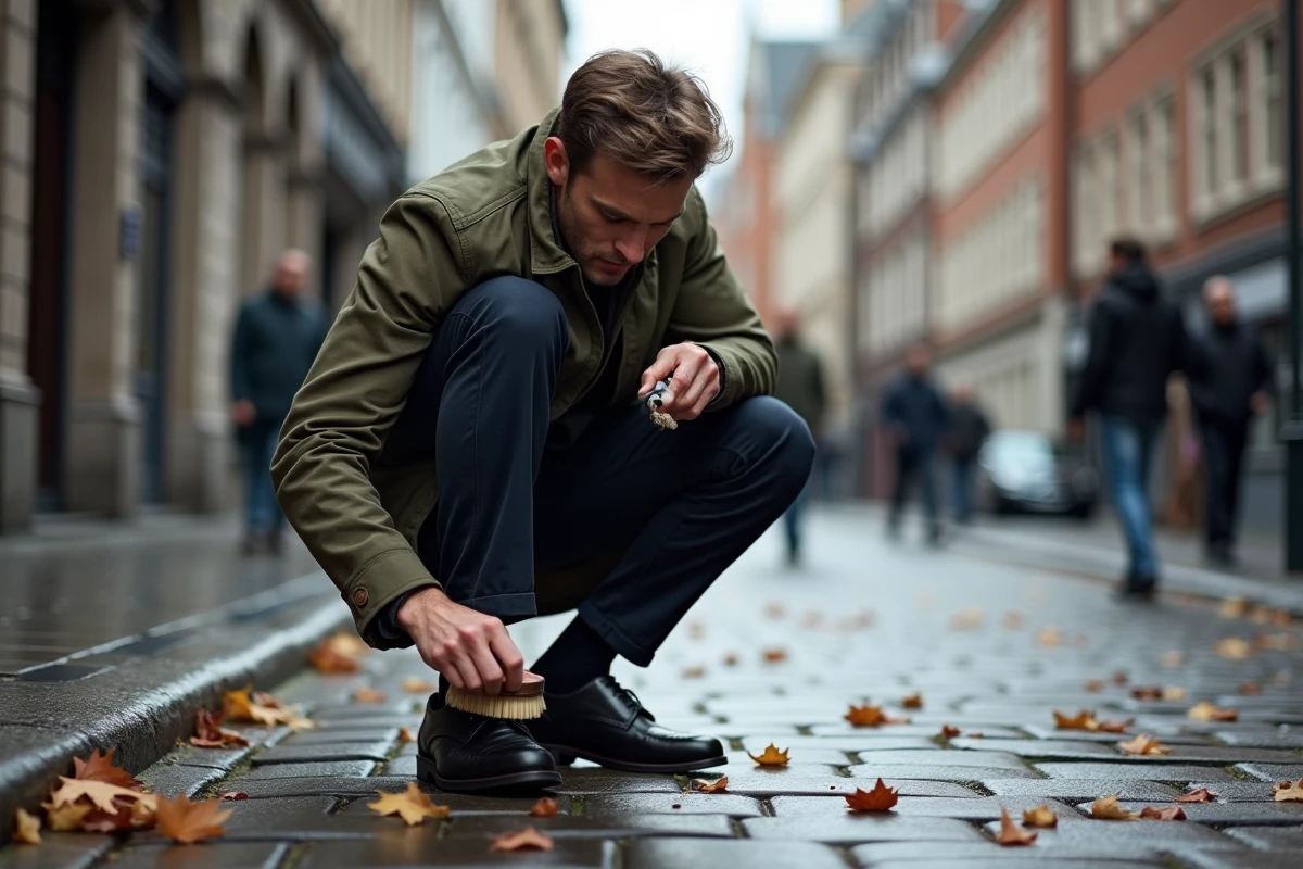 Homme appliquant de la graisse imperméabilisante sur ses chaussures Derby noires par temps de pluie sur des pavés mouillés en ville
