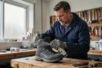 Professionnel appliquant un imperméabilisant sur une botte de randonnée dans un atelier organisé