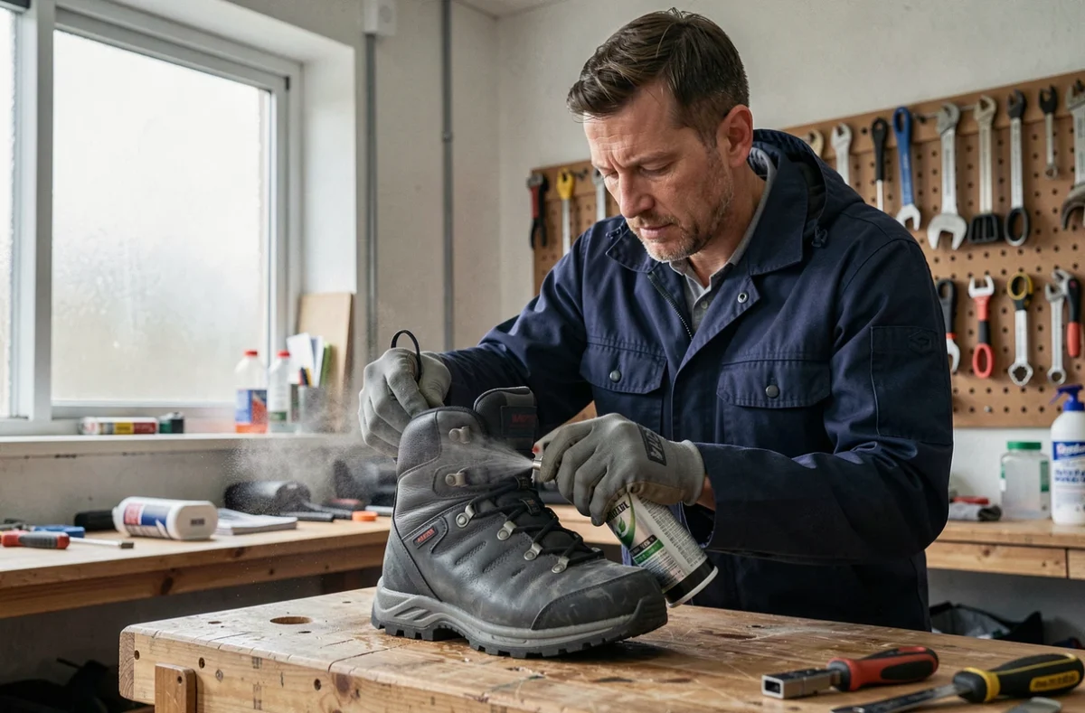 Professionnel appliquant un imperméabilisant sur une botte de randonnée dans un atelier organisé