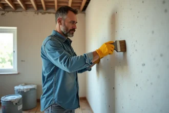 Artisan appliquant une toile enduite isolante sur un mur intérieur en cours de rénovation