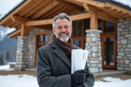 Architecte souriant devant un chalet en montagne