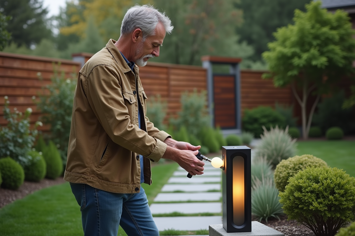 Architecte paysagiste ajustant une lampe LED moderne dans un jardin