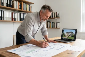 Architecte étudiant les plans d'une extension de maison de 40 m2 sur une table de travail avec documents de permis de construire