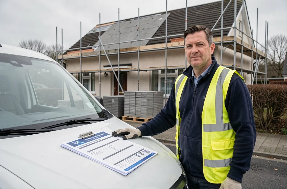 Artisan couvreur présentant un devis de rénovation de toiture devant un chantier avec échafaudage