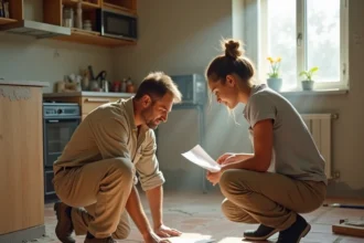Artisan et propriétaire discutant d'un devis lors de travaux de rénovation de cuisine