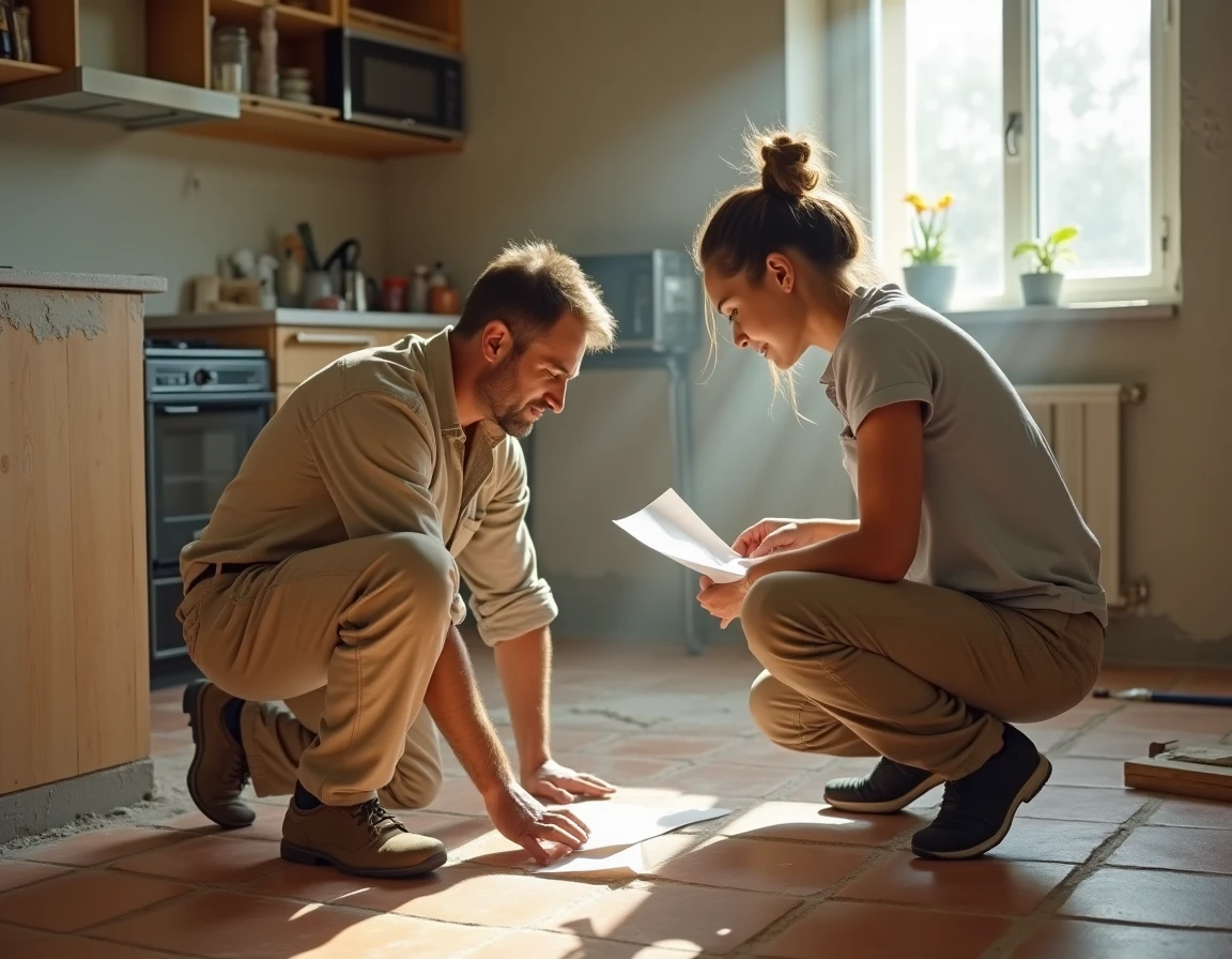 Artisan et propriétaire discutant d'un devis lors de travaux de rénovation de cuisine