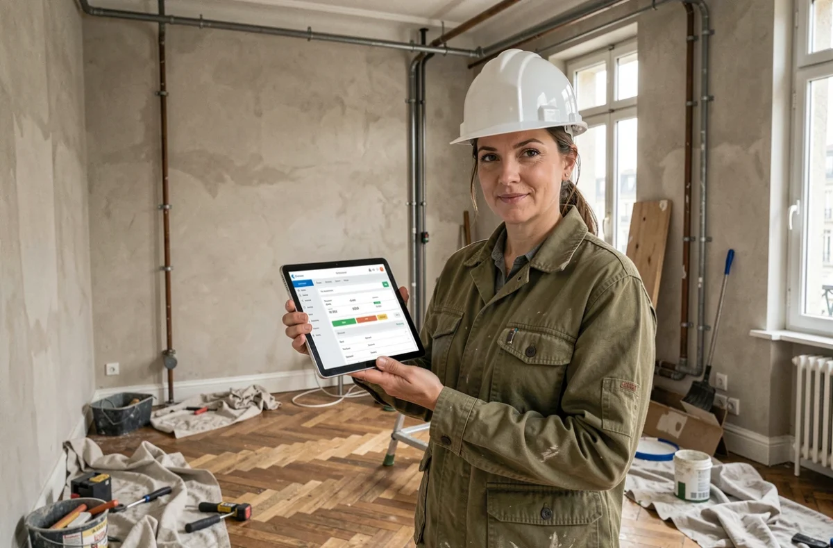 Artisan femme sur un chantier de rénovation parisien consultant une plateforme de devis sur tablette numérique