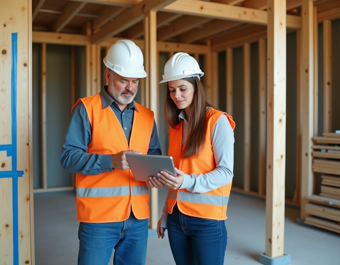 Deux artisans consultant une application de gestion de travaux sur tablette dans une salle de bain en chantier