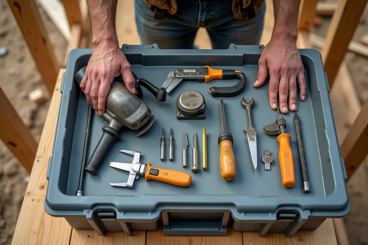 Vue aérienne d'un assortiment d'outils électroportatifs et manuels disposés sur un coffret de chantier, comparaison entre différentes gammes d'outillage