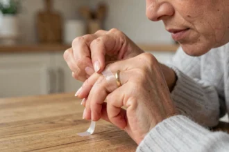 Femme enroulant du ruban adhésif transparent autour d'une bague en or trop grande pour éviter qu'elle glisse du doigt