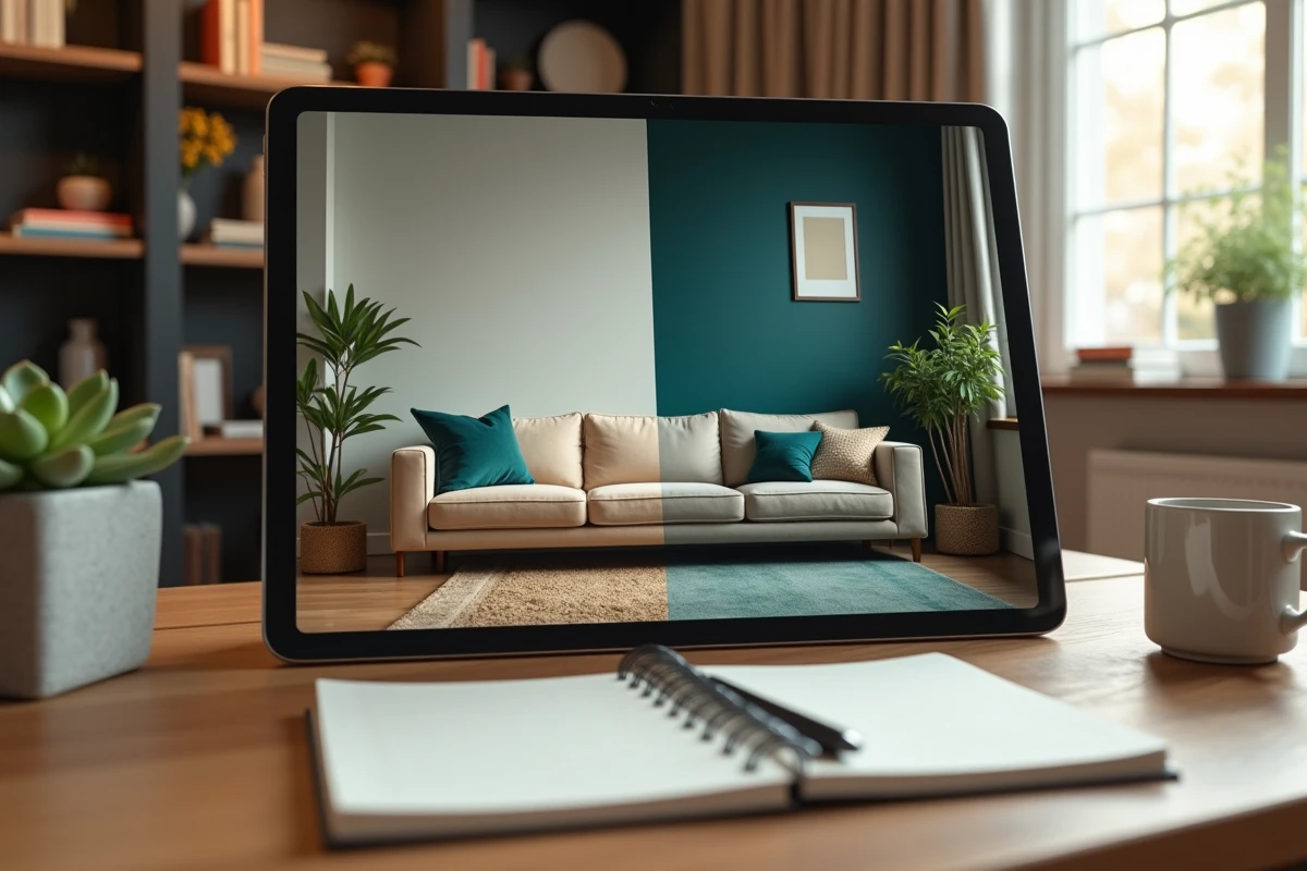 Comparaison avant après décoration intérieure affichée sur tablette avec résultats de l'application Raffinement-et-Habitat