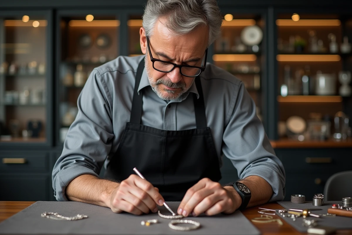 Bijoutier professionnel inspectant un collier en argent