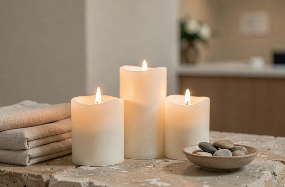 Gros plan de bougies pilier LED en cire posées sur une surface en pierre dans un espace spa professionnel