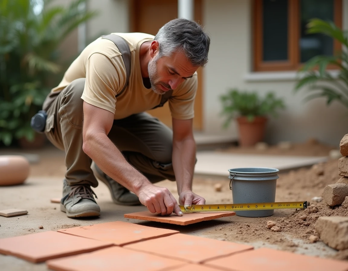 Carreleur mesurant et découpant des carreaux en terre cuite pour une terrasse extérieure