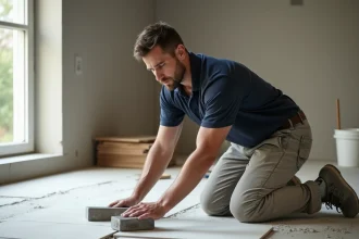 Carreleur professionnel posant des carreaux en grès cérame dans une salle de bain en cours de rénovation