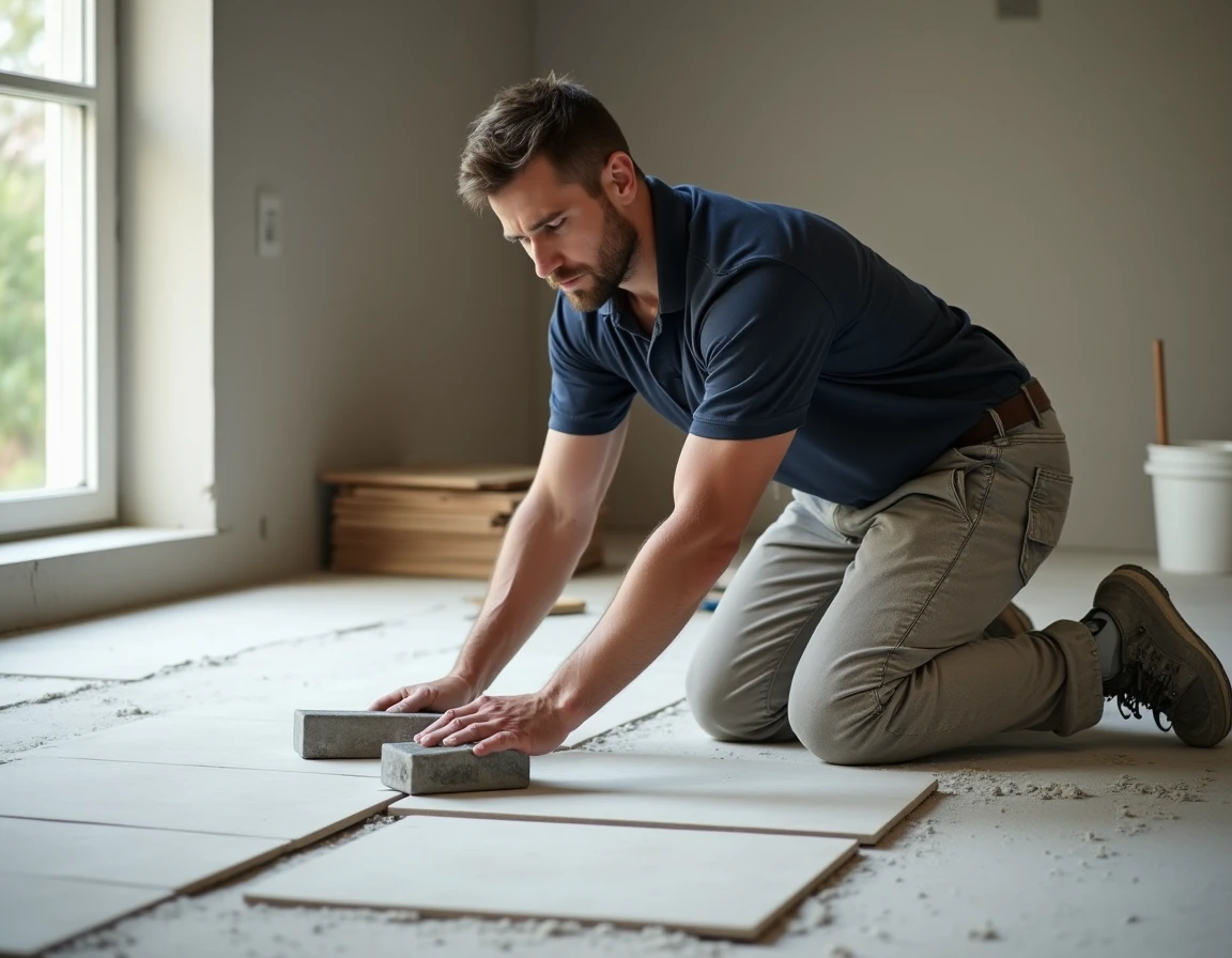 Carreleur professionnel posant des carreaux en grès cérame dans une salle de bain en cours de rénovation