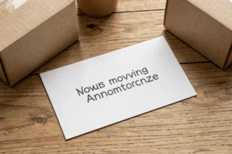 Carte de déménagement imprimée posée sur une table près de cartons