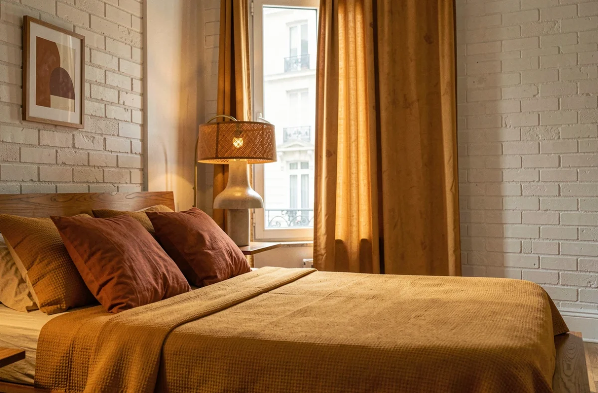 Chambre de petit appartement avec lit plateforme en teck, lampe arc en rotin et décoration vintage seventies aux tons ocre et rouille