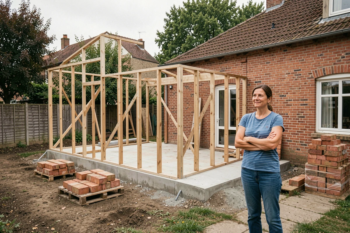 Chantier d'extension de maison de 40 m2 en cours de construction avec structure en bois et fondations en béton dans un jardin résidentiel