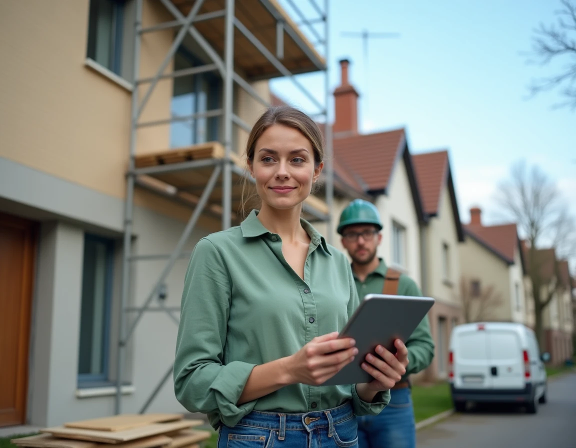 Propriétaire et artisan sur un chantier de rénovation énergétique avec isolation par l'extérieur et tablette numérique