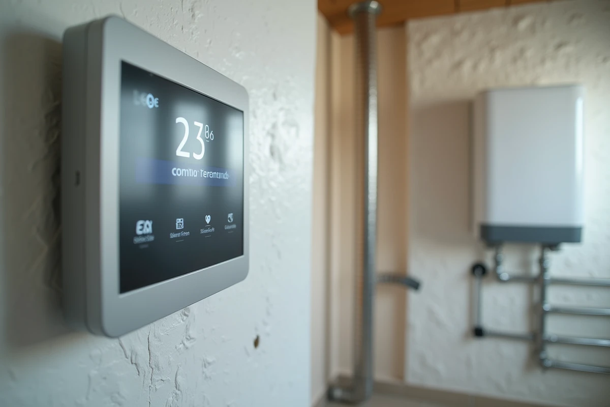 Détail d'une chaudière à condensation et thermostat connecté installés dans une maison pour un projet éligible RIBO T