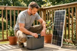 Homme examinant une batterie externe portable connectée à un panneau solaire sur une terrasse en bois