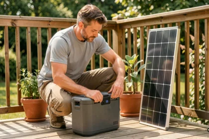 Homme examinant une batterie externe portable connectée à un panneau solaire sur une terrasse en bois