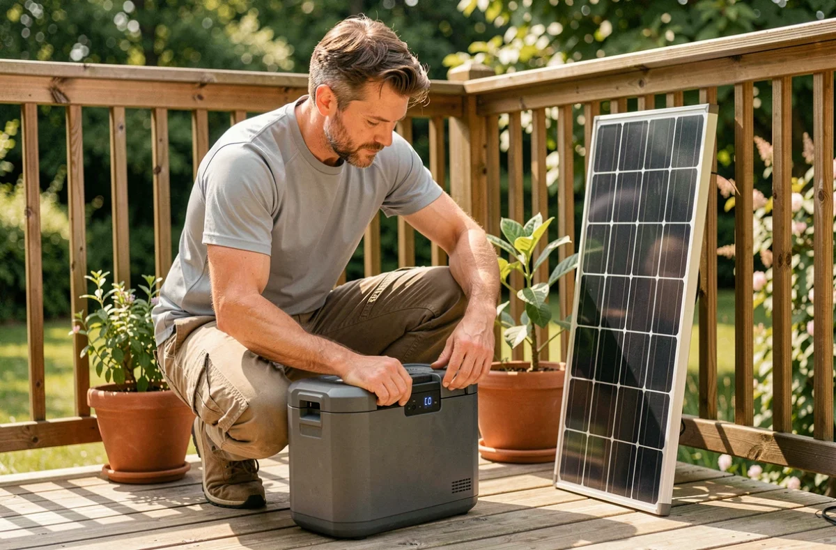 Homme examinant une batterie externe portable connectée à un panneau solaire sur une terrasse en bois