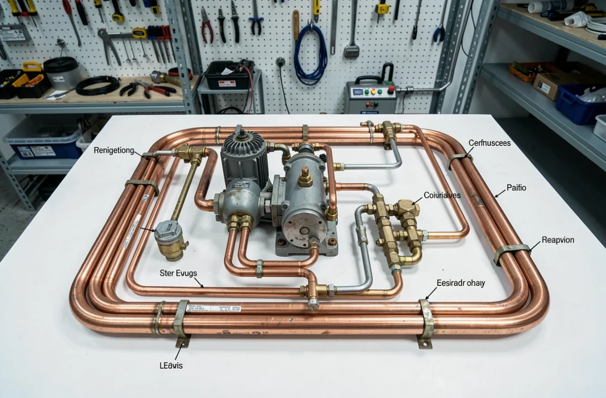 Circuit frigorifique interne d'une pompe à chaleur avec compresseur, bobines en cuivre et vannes d'expansion visibles