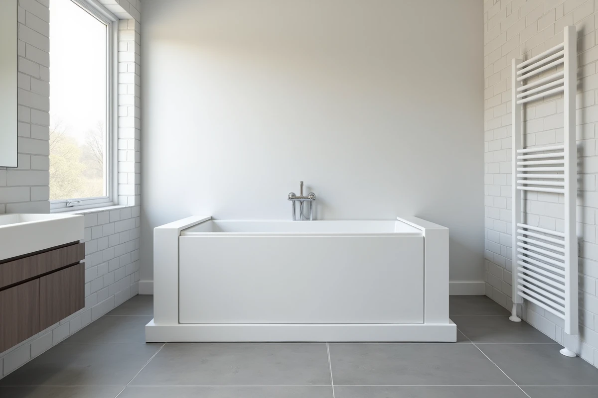 Coffrage de baignoire encastrée en plaque de plâtre peinte, sans rail, dans une salle de bain rénovée avec carrelage gris et robinetterie chromée