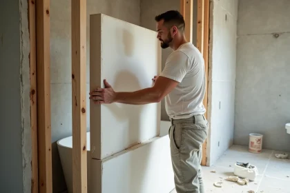 Poseur de plaque de plâtre installant un coffrage autour d'une baignoire sans rail, dans une salle de bain en cours de rénovation