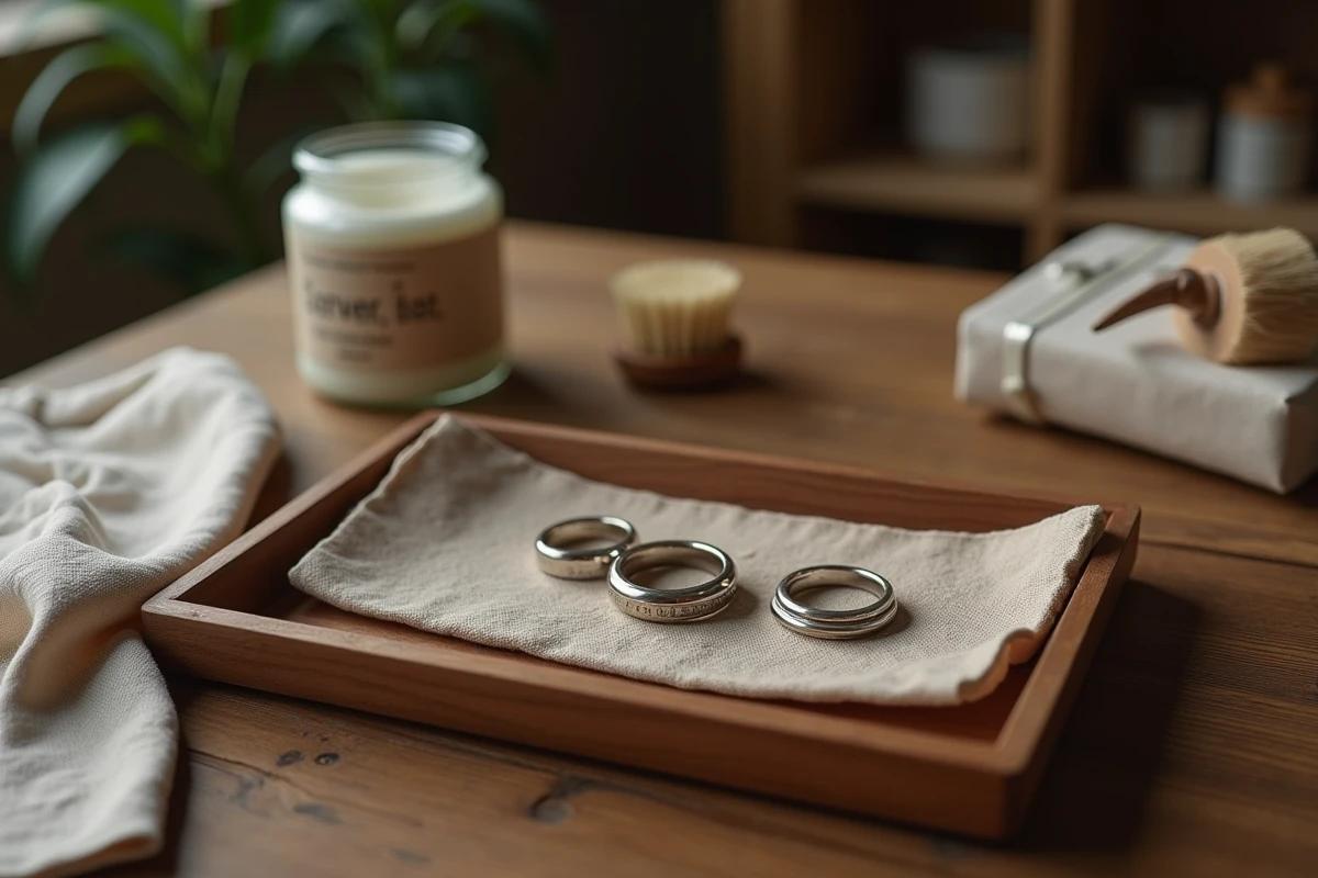 Comparaison d'une bague en argent massif ternie et d'une bague polie avec un produit nettoyant argent sur un plateau en bois