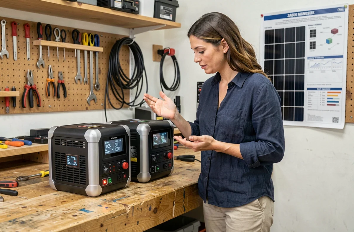 Femme comparant deux batteries externes pour panneau solaire dans un atelier de garage