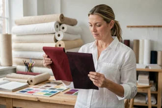 Créatrice textile comparant deux échantillons de tissu bordeaux et bordeaux foncé dans un atelier de couture moderne