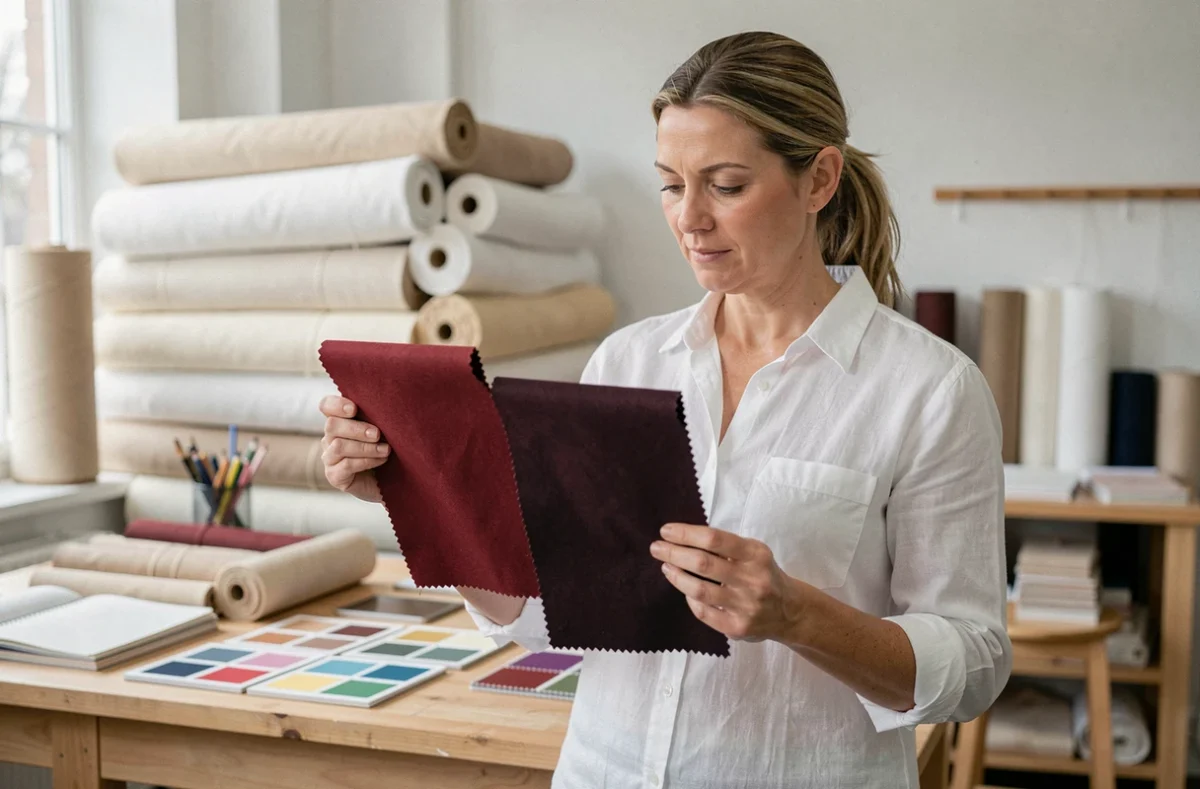Créatrice textile comparant deux échantillons de tissu bordeaux et bordeaux foncé dans un atelier de couture moderne