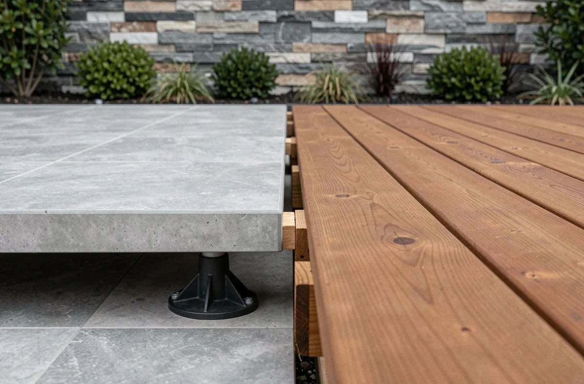 Comparaison côte à côte d'une dalle sur plots réglables et de lames de terrasse sur lambourdes dans un jardin contemporain