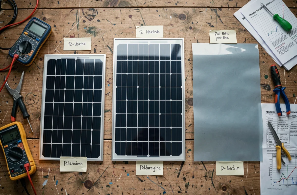 Comparaison de trois types de panneaux solaires 12 volts posés sur une table d'atelier en bois