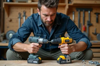 Un artisan compare deux perceuses sans fil sur un établi d'atelier, outil de marque Erbauer face à une grande marque professionnelle