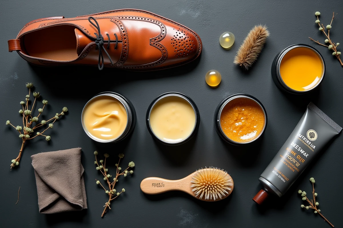 Comparatif de graisses pour chaussures en cuir — dubbin, huile de vison et baume à la cire d'abeille — posés sur une ardoise sombre avec un brogue en cuir