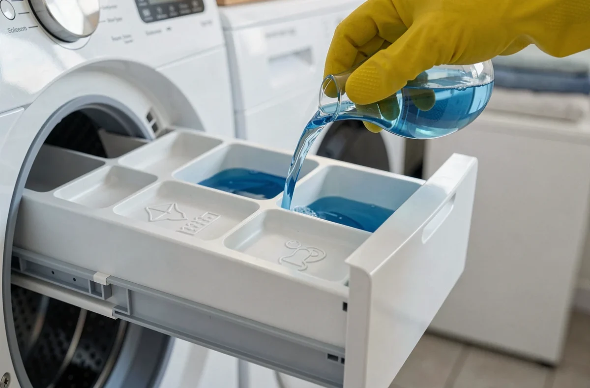 Gros plan sur les compartiments d'un tiroir de lave-linge avec du liquide lessive versé dans le bon bac