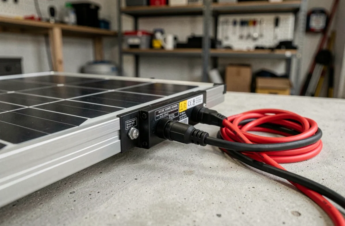 Gros plan sur le boîtier de jonction et les connecteurs MC4 d'un panneau solaire 12 volts