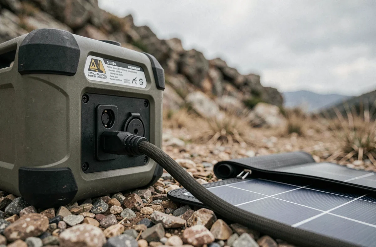 Gros plan sur la connexion entre une batterie externe et un panneau solaire flexible en extérieur